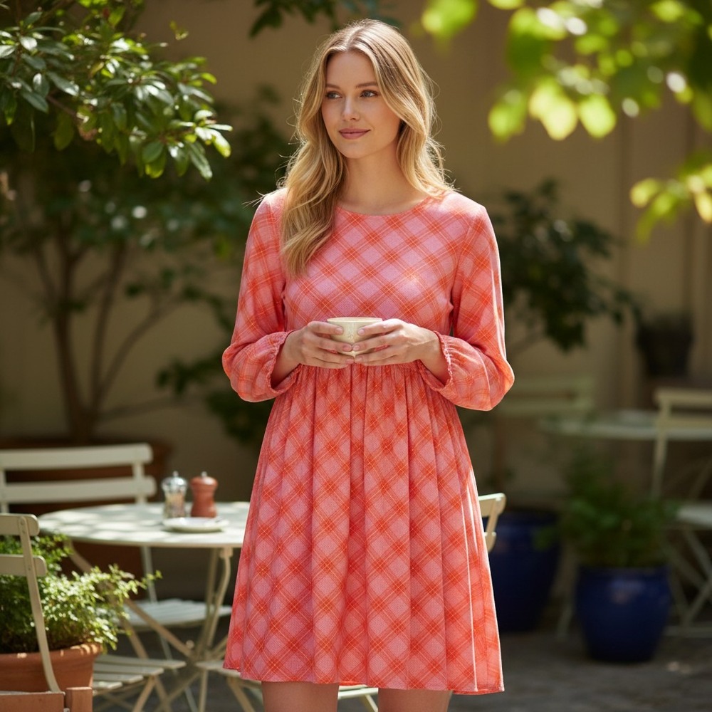 BP. Womens M Pink Red Ian Bias Plaid Long Balloon Sleeve Dress NWT